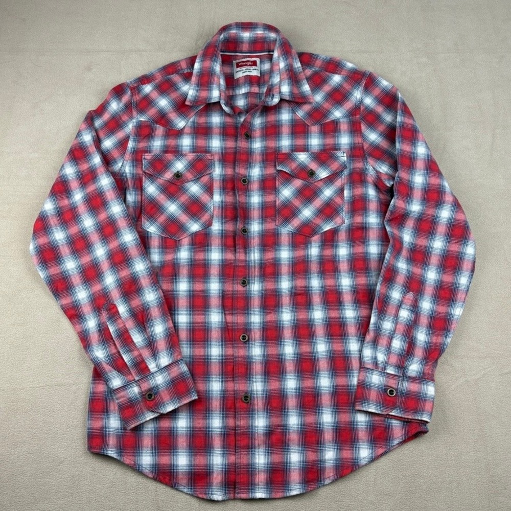 Wrangler Mens Size Small Plaid‎ Flannel Western Shirt Red White Blue Checkered